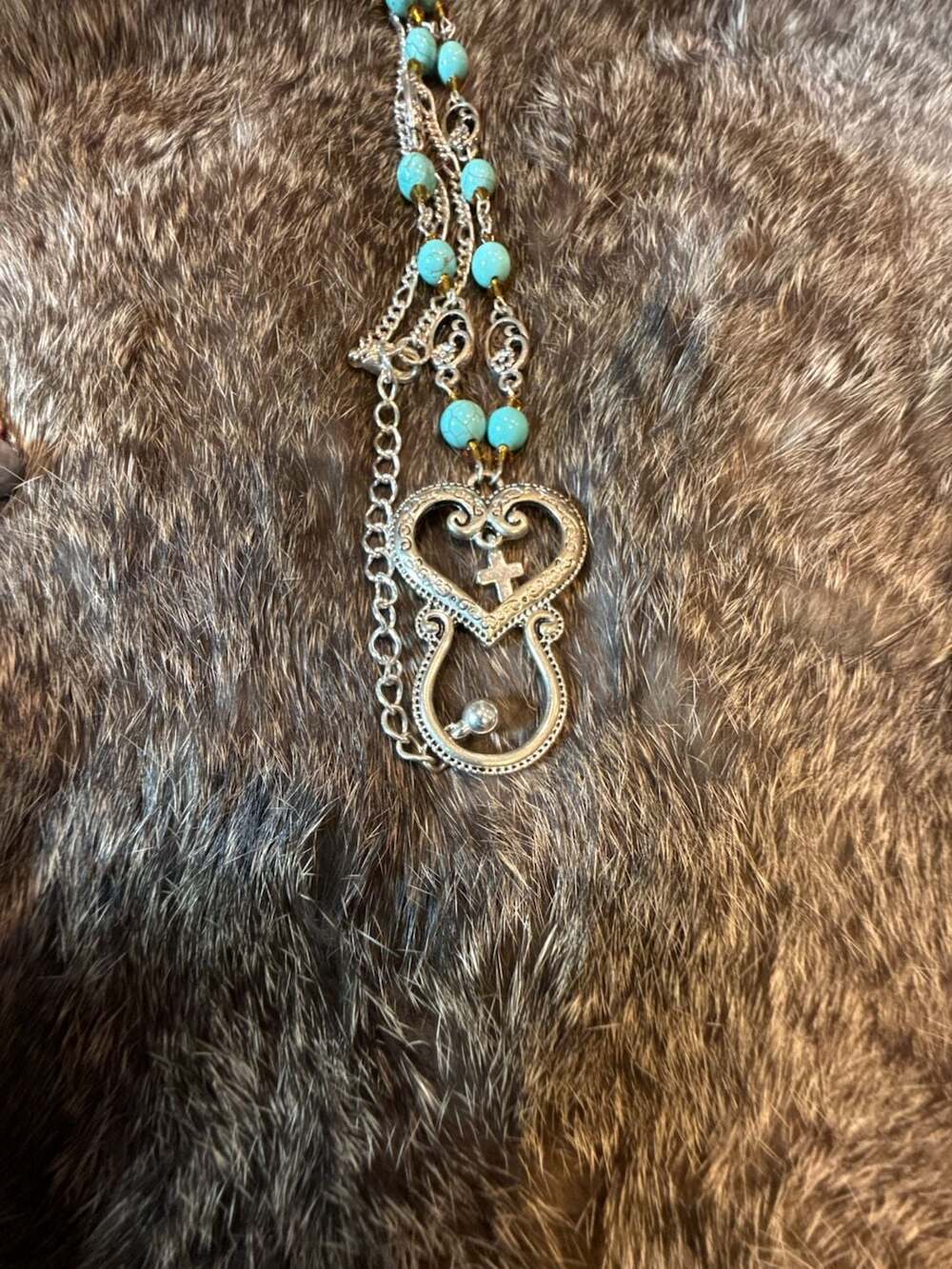 Brighton Necklace Silver Turquoise Heart Cross Pendant Chain Jewelry